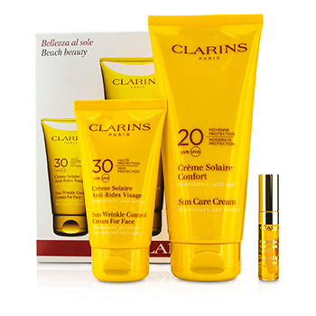 [해외]클라란스 Beach Beauty Kit: Sun Wrinkle Control Cream for Face 75ml + Sun Care Cream 200ml + Lip Comfort Oil 2.8ml 3pcs