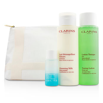 [해외]클라란스 Cleansing Set (Combination or Oily Skin): Cleansing Milk 200ml + Toning Lotion 200ml +  Eye Make-Up Remover 30ml + Bag 3pcs+1bag